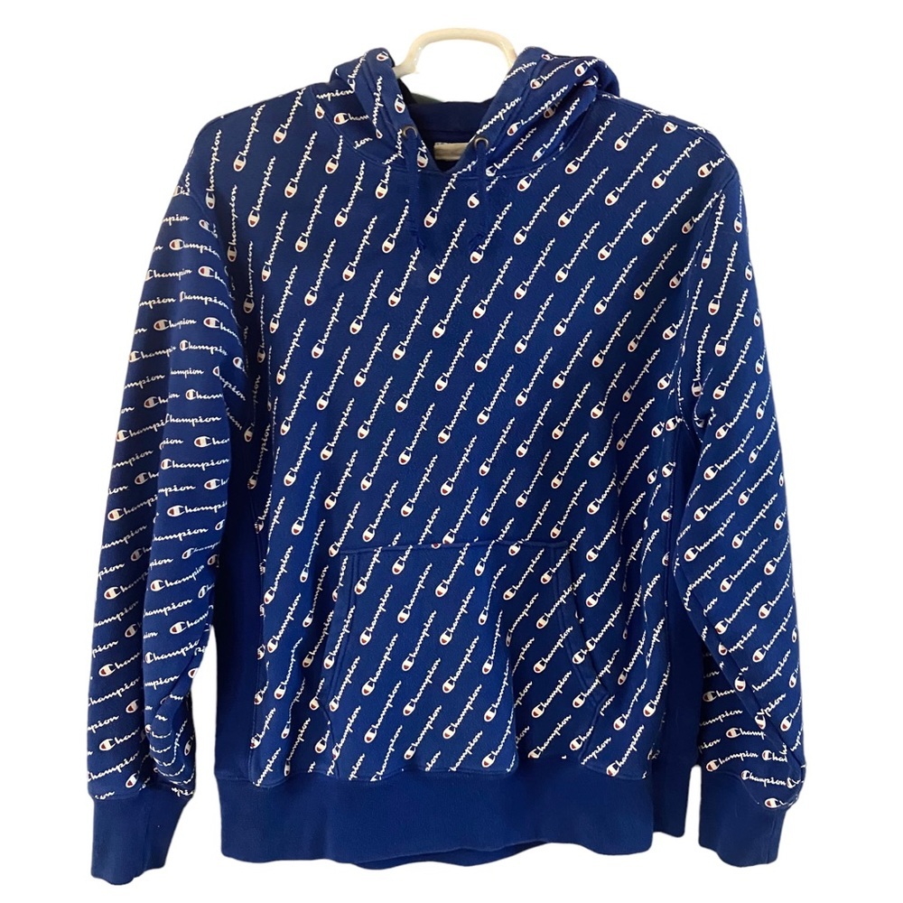 VINTAGE 1990s Champion Reverse Weave Blue All Over Hoodie Size XL